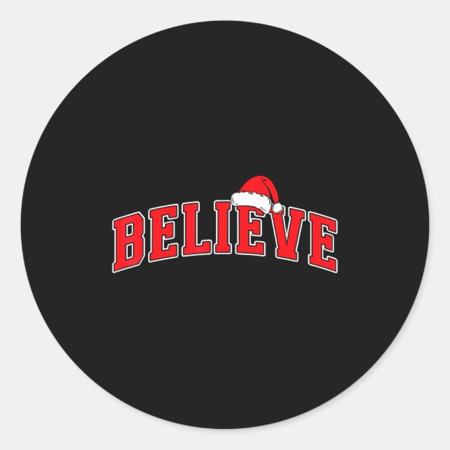 Pegatina Redonda Believe Christmas Varsity Text With Santa Hat Fami (Anverso)