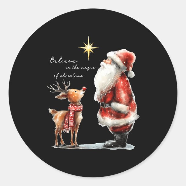 Pegatina Redonda Believe In The Magic Of Christmas Reindeer Holiday (Anverso)