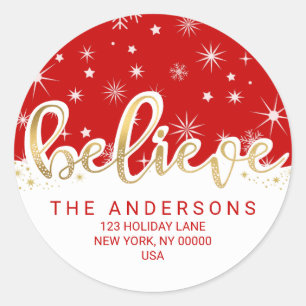 Pegatina Redonda Belig Navidades Red Gold Script Return Address