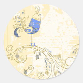 Pegatina Redonda Bella Artes floral retro de pájaro azul