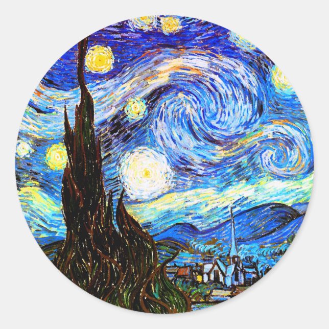 Pegatina Redonda Bella Artes nocturno Van Gogh Starry (Anverso)