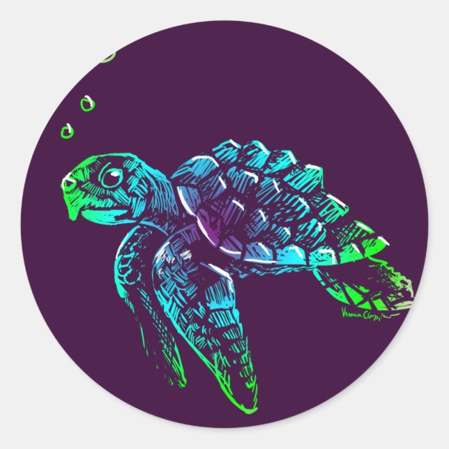 Pegatina Redonda Bella Artes Scratchboard Sea Turtle (Anverso)