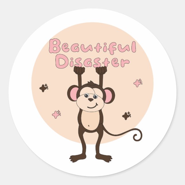 Pegatina Redonda Bella catástrofe Kawaii Funny Monkey Pink Brown (Anverso)