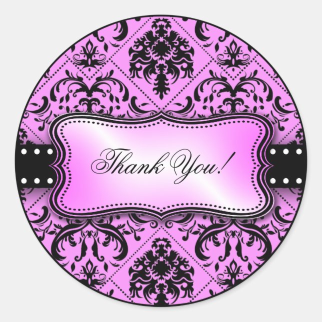 Pegatina Redonda Bella Damasco morado y negro gracias (Anverso)