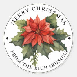 Pegatina Redonda Bella Poinsettia Roja Feliz Navidad
