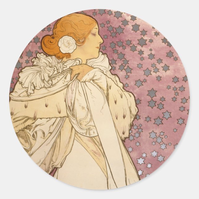 Pegatina Redonda Belleza de mujer mucha Art Nouveau (Anverso)