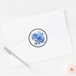 Pegatina Redonda Belleza floral azul y blanca