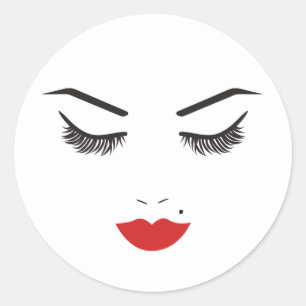 Pegatina Redonda Belleza Maquillaje Cara Pestañas & Labios Rojos Sa