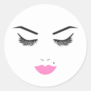 Pegatina Redonda Belleza Maquillaje Cara Pestañas & Labios Rosados 