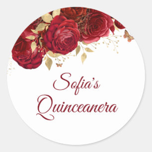 Pegatina Redonda Bello Favor de Fiesta de Quinceañera con Rosas Roj