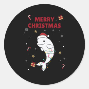 Pegatina Redonda Beluga Whale Merry Christmas Winter Animals Whales