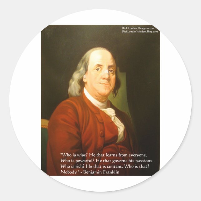 Pegatina Redonda Ben Franklin (Qué Es Sabio) Cita Regalos Y Tarjeta (Anverso)