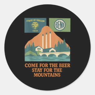 Pegatina Redonda Bend Oregon Retro-vintage Mountains & amp; Cerveza