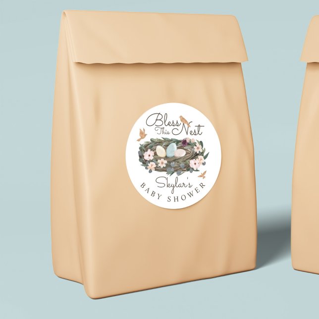 Pegatina Redonda Bendición este Nido de Aves Florales en Baby Showe (Subido por el creador)