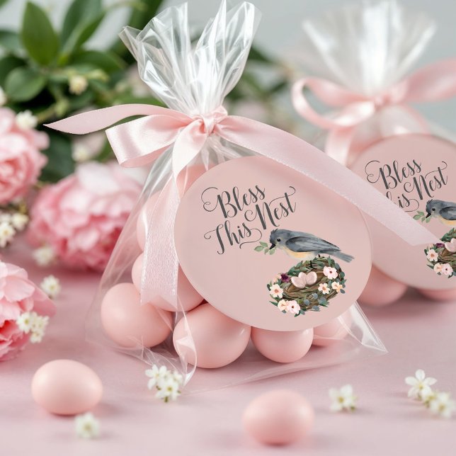 Pegatina Redonda Bendición este Nido de Aves Florales en Baby Showe (Bless This Nest Floral Bird's Nest Baby Shower Classic Round Sticker)