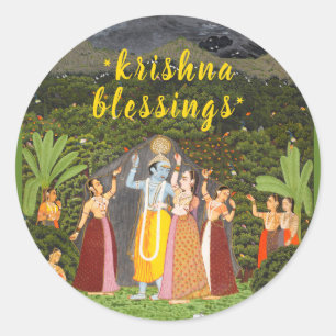 Pegatina Redonda Bendiciones de Krishna Jaipur Arte Indio Rajasthan