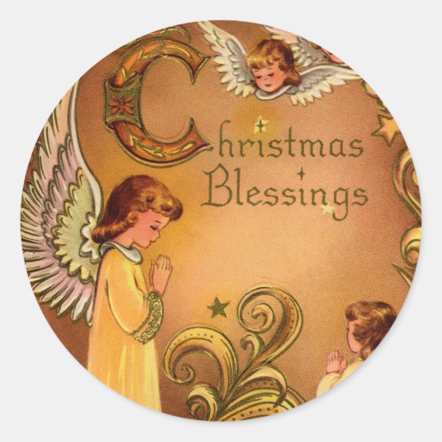 Pegatina Redonda Bendiciones de Navidades angélicos (Anverso)