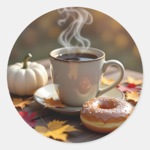 Pegatina Redonda Bendiciones de Otoño, Café Caliente y una Donut