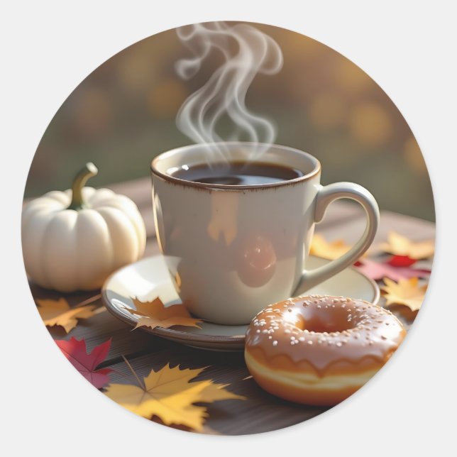 Pegatina Redonda Bendiciones de Otoño, Café Caliente y una Donut (Anverso)