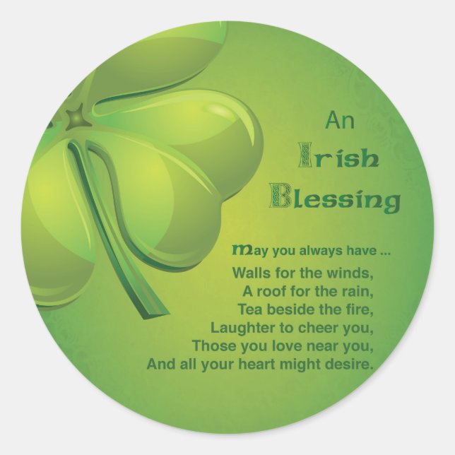 Pegatina Redonda Bendiciones irlandesas Green Shamrock, Celtic (Anverso)