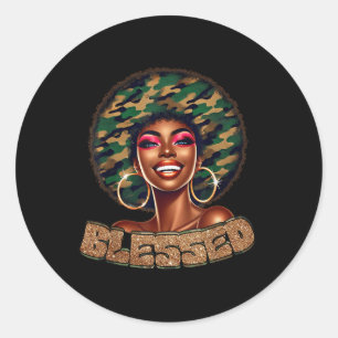 Pegatina Redonda Bendita mujer negra camo fe africana histo negro