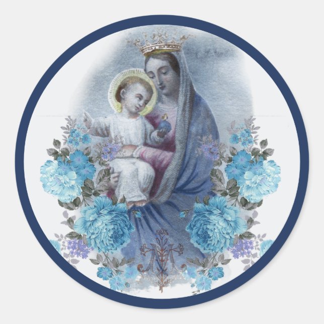 Pegatina Redonda Bendita Virgen María Jesús Floral Azul católico (Anverso)