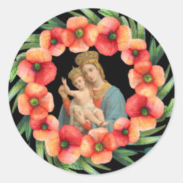 Pegatina Redonda Bendita Virgen María Jesús Flores Flores Religiosa