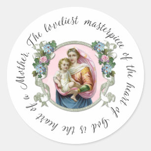 Pegatina Redonda Bendita Virgen María Jesús Madre Cita Floral