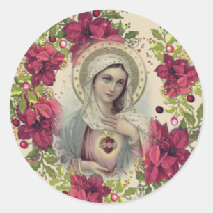Pegatina Redonda Bendita Virgen María Navidades Floral Religiosa