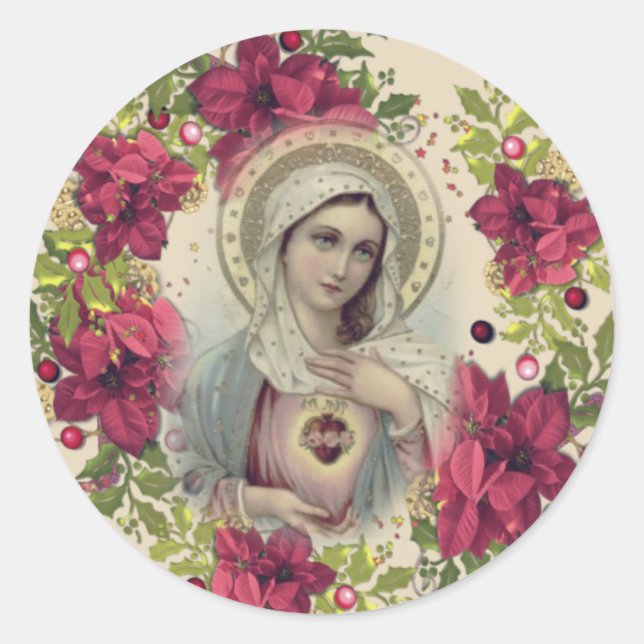 Pegatina Redonda Bendita Virgen María Navidades Floral Religiosa (Anverso)