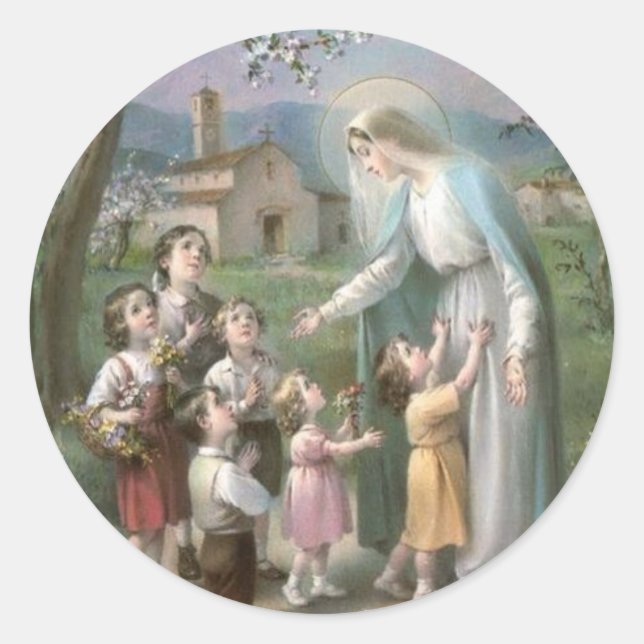 Pegatina Redonda Bendita Virgen María rodeada de niños (Anverso)