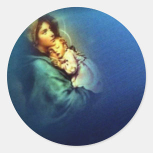 Pegatina Redonda Bendita Virgen María y Niño Jesús
