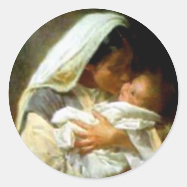 Pegatina Redonda Bendita Virgen María y Niño Jesús (Anverso)