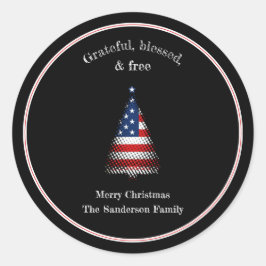 Pegatina Redonda Bendito árbol de Navidad de bandera estadounidense