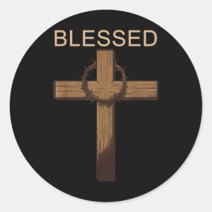 Pegatina Redonda Bendito Jesús Cristiano Cruce Dios Fe Biblia Reli