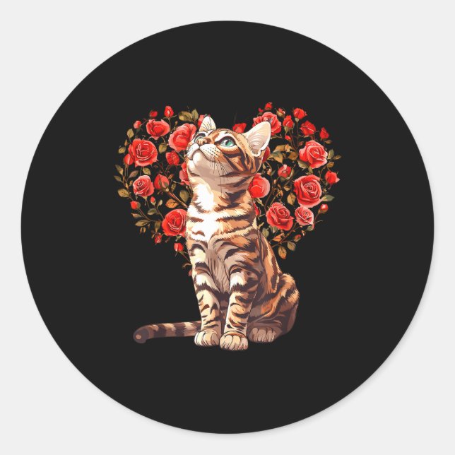 Pegatina Redonda Bengal Cat Valentines Day Floral Heart Design For  (Anverso)