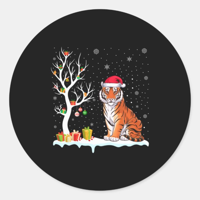 Pegatina Redonda Bengal Tiger Santa Hat Festive Tree Light Christma (Anverso)
