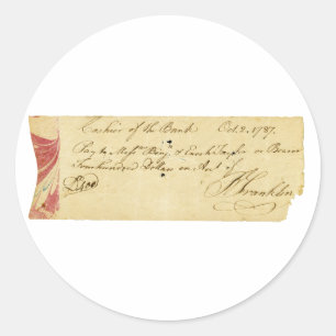 Pegatina Redonda Benjamin Franklin Firmó Check 2 de octubre de 1787