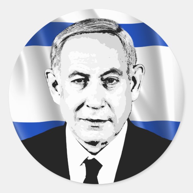 Pegatina Redonda Benjamin Netanyahu Primer Ministro israelí (Anverso)