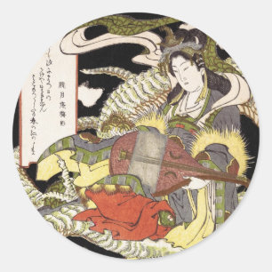 Pegatina Redonda Benzaiten (Diosa de la Belleza) sentado en un drag