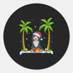 Pegatina Redonda Bernedoodle Dog Santa Hat Palm Tree Beach Xmas Paj