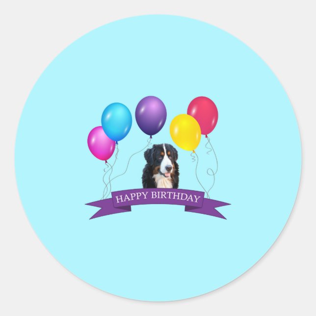 Pegatina Redonda Bernese Mountain Dog Happy Birday (Anverso)