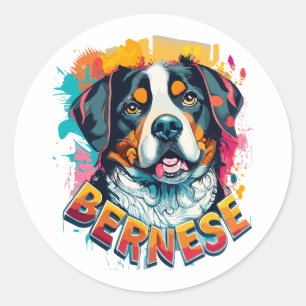Pegatina Redonda Bernese Mountain Dog Head Vibrant Color Splash
