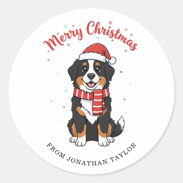 Pegatina Redonda Bernese Mountain Dog Merry Christmas Doodle  (Anverso)