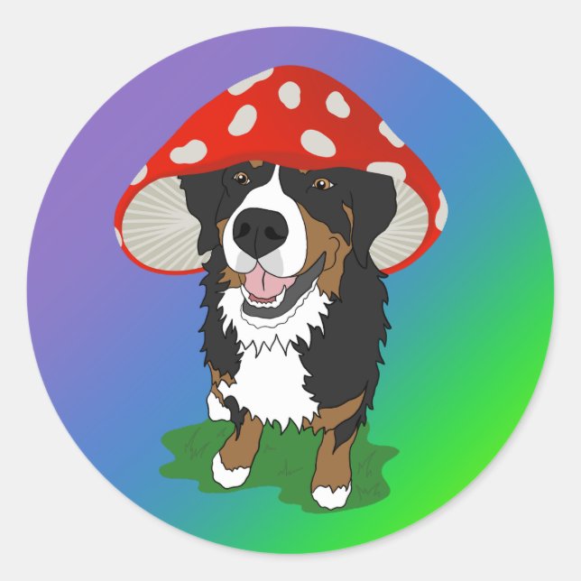 Pegatina Redonda Bernese Mountain Dog Red Mushroom Cap (Anverso)