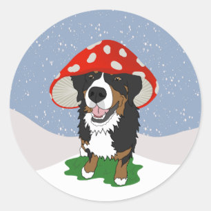 Pegatina Redonda Bernese Mountain Dog Red Mushroom Cap