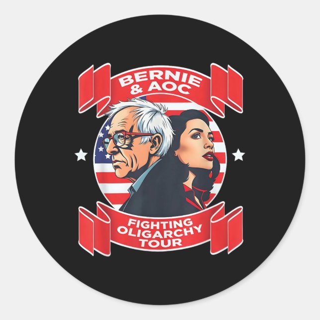 Pegatina Redonda Bernie &amp; Aoc Fighing Oligarchy Tour Shirt (Anverso)