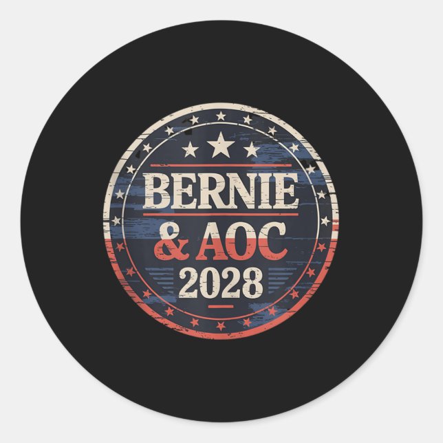 Pegatina Redonda Bernie Sanders Y Aoc 2028 Para La Campaña Presiden (Anverso)