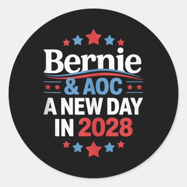 Pegatina Redonda Bernie Sanders Y Aoc 2028 Para La Campaña Presiden (Anverso)