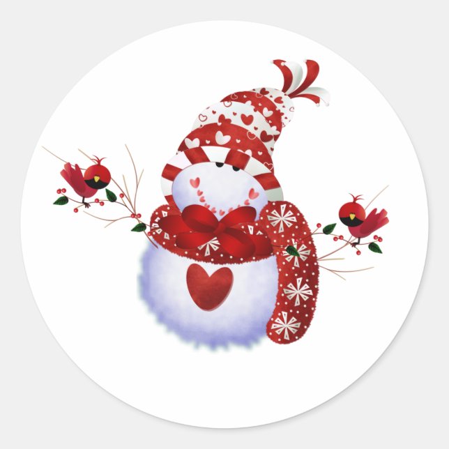Pegatina Redonda Berry Cute Snowman y Cardinals (Anverso)